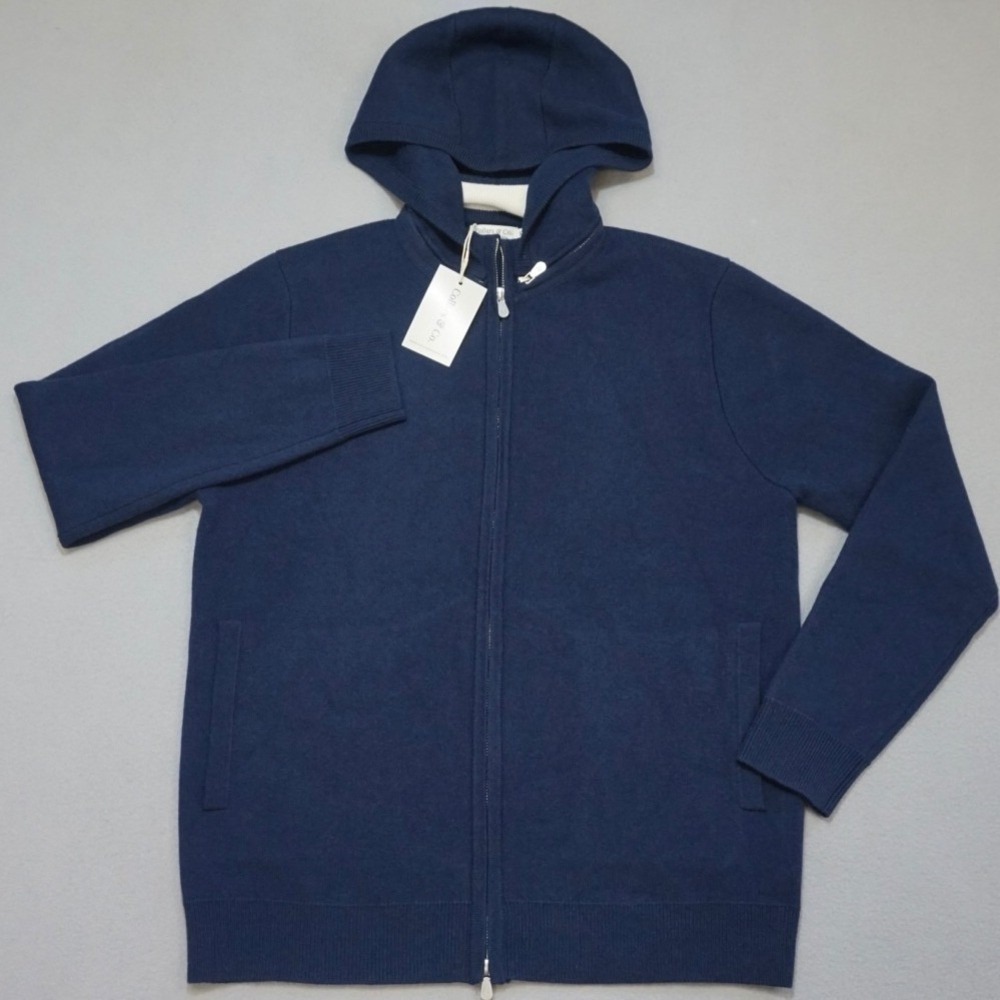 COLLARS & CO Napoli Signature Hooded Wool Cashmere Sweater Mens M Navy Removable - Picture 3 of 13
